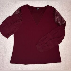 NWT Express Women’s Burgundy Lace Balloon Long Sleeve V Neck Blouse size M